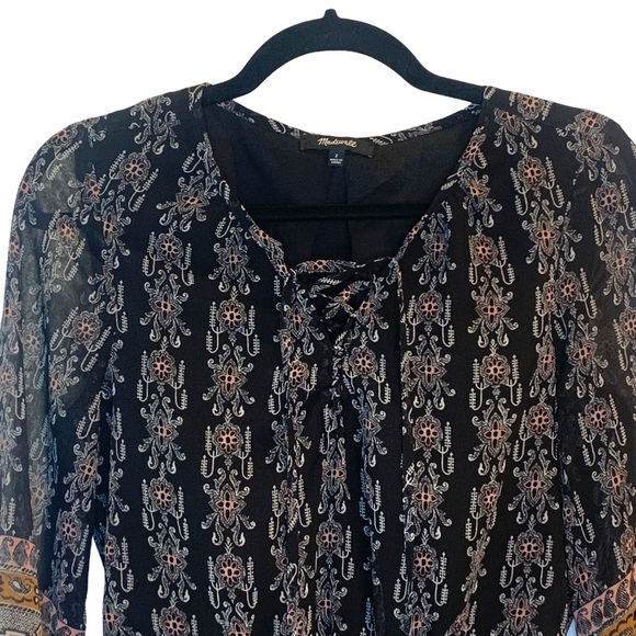 Madewell Lace Up Burnished Floral 3/4 Sleeve Sheer Mini Dress Women’s Size 2 - Picture 4 of 12